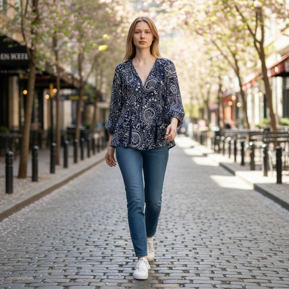 Faithfull The Brand Paisley Blouse Womens 4 Navy White Rayon Boho Tassel Top